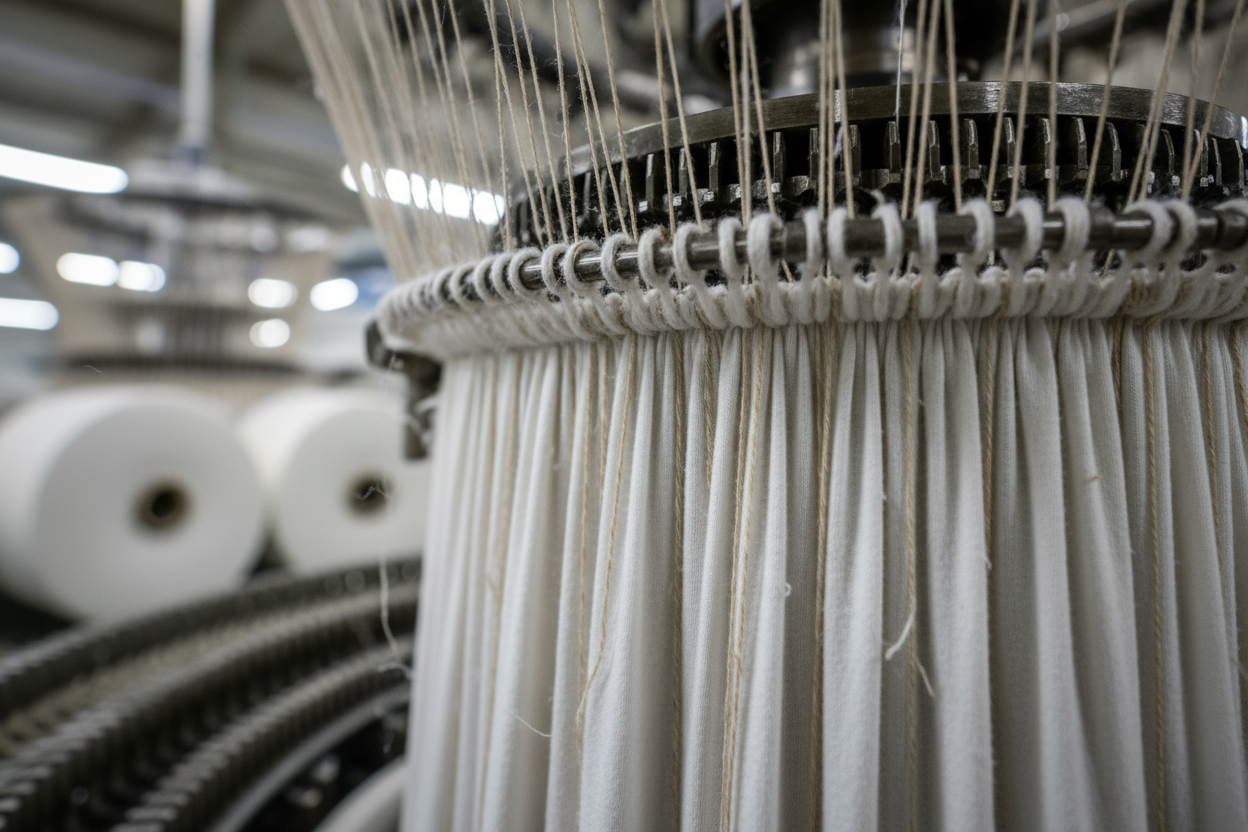 Make an image of a textile factory, i need macro shots of the fabric process, t-shirt fabric cotton